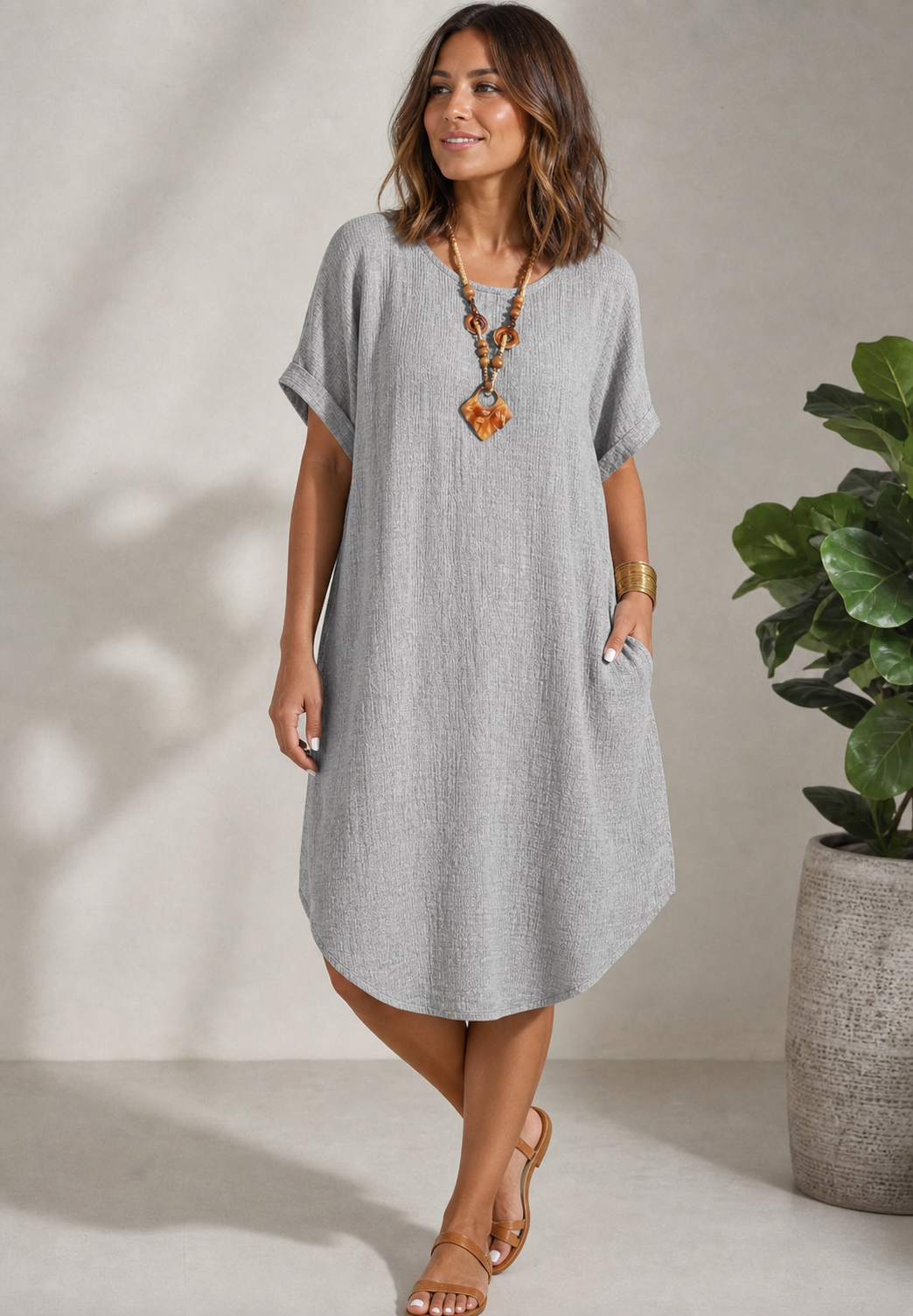 Gray women's loose cotton linen shift dress