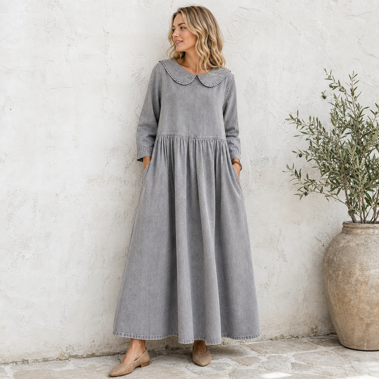 Gray women's Peter Pan collar denim maxi dress