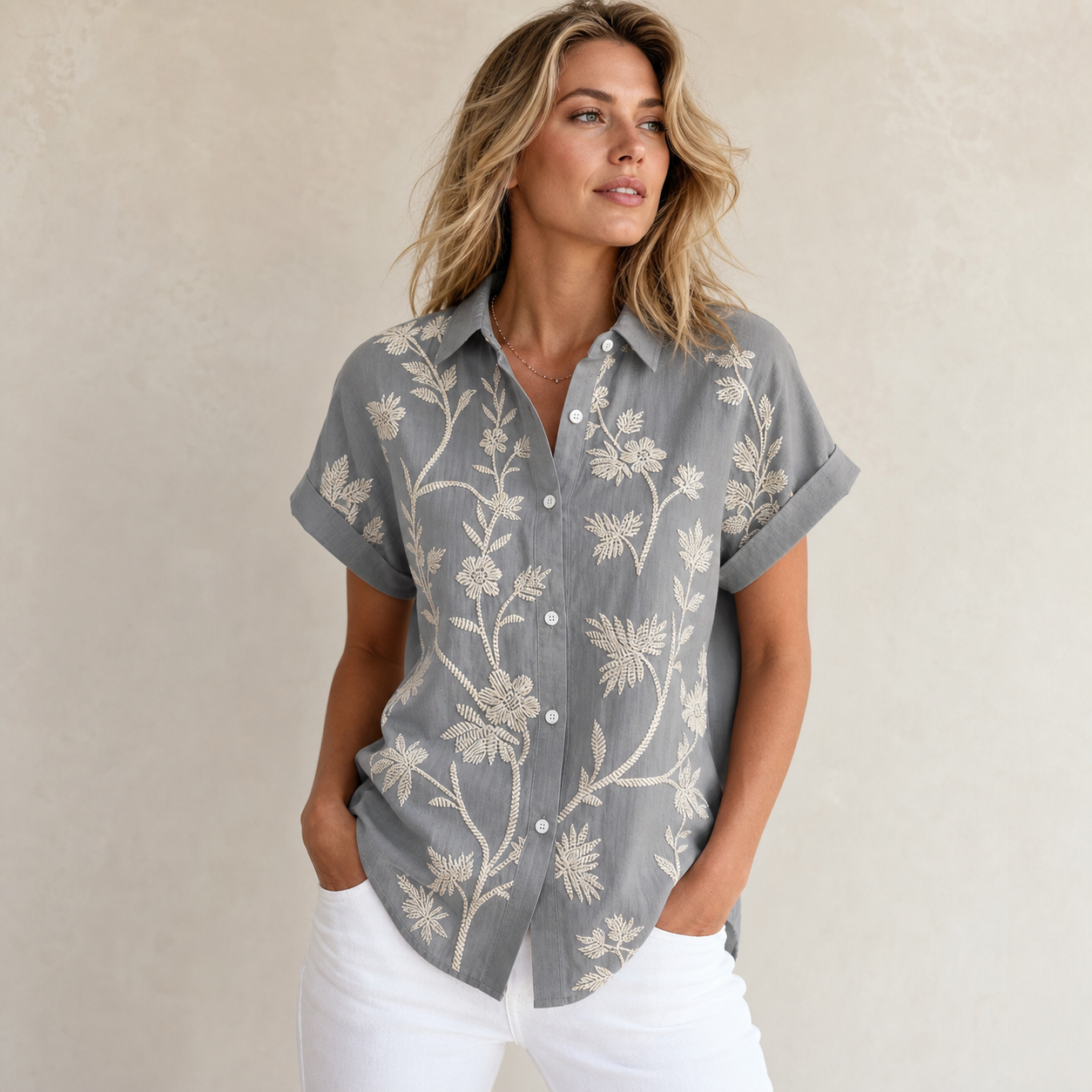 Gray women's embroidered floral button shirt