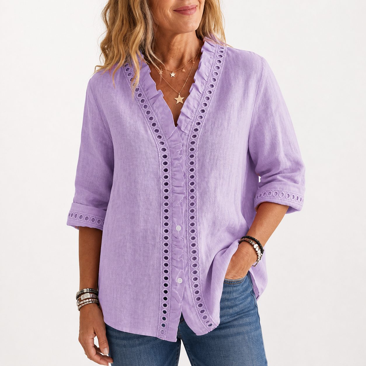 Lavender women's linen lace ruffle V-neck blouse