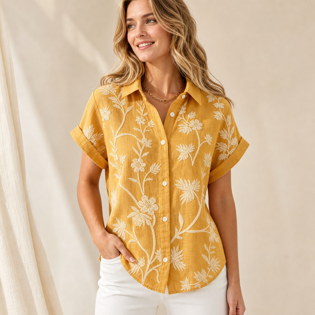Mustard women's embroidered floral button shirt