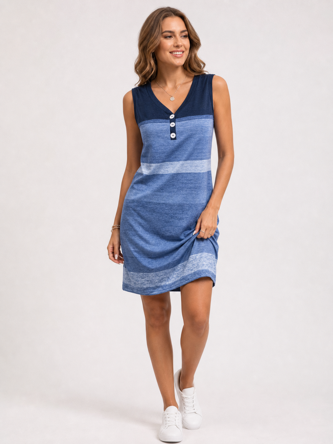 Navy women's sleeveless colorblock V-neck button dress
