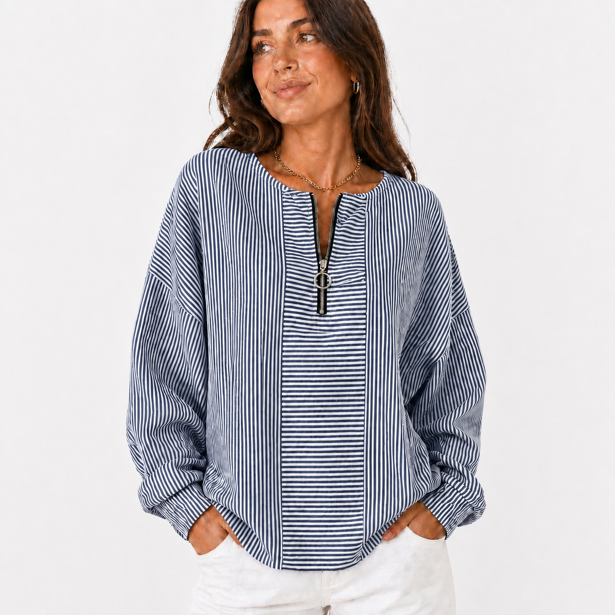 Navy Stripe women's striped zip-neck pullover