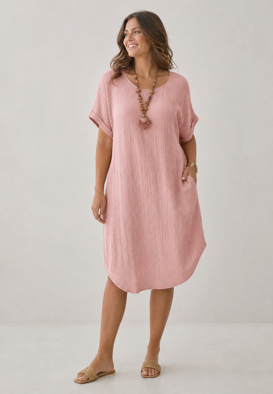 Pink women's loose cotton linen shift dress