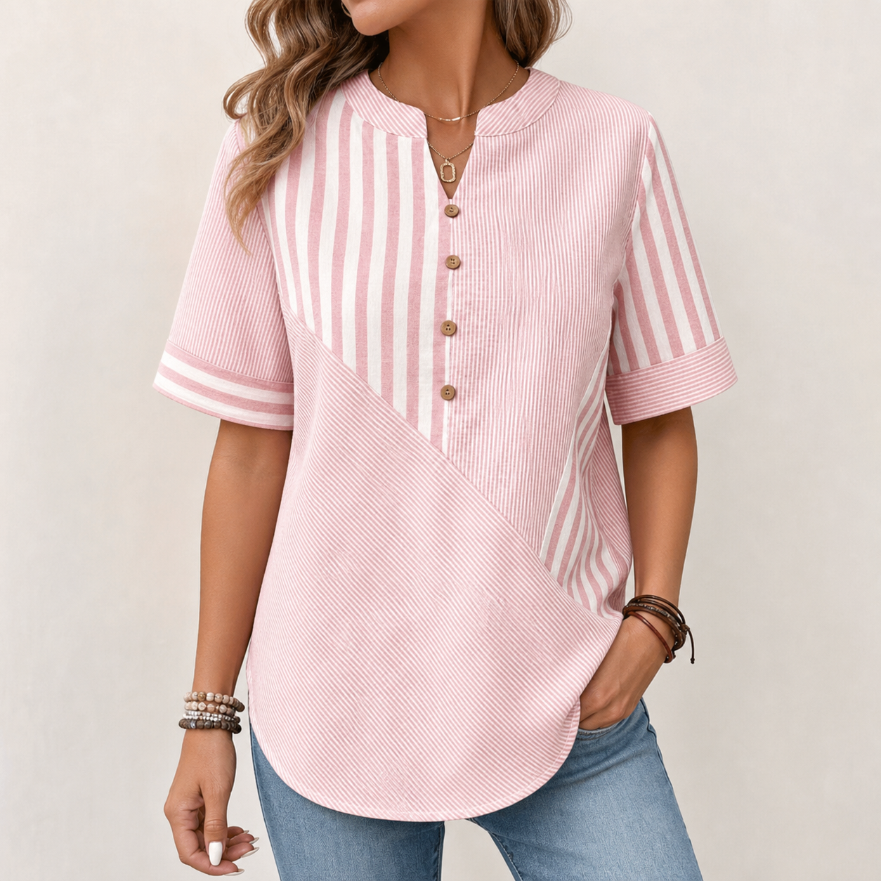 Pink women's striped patchwork button blouse