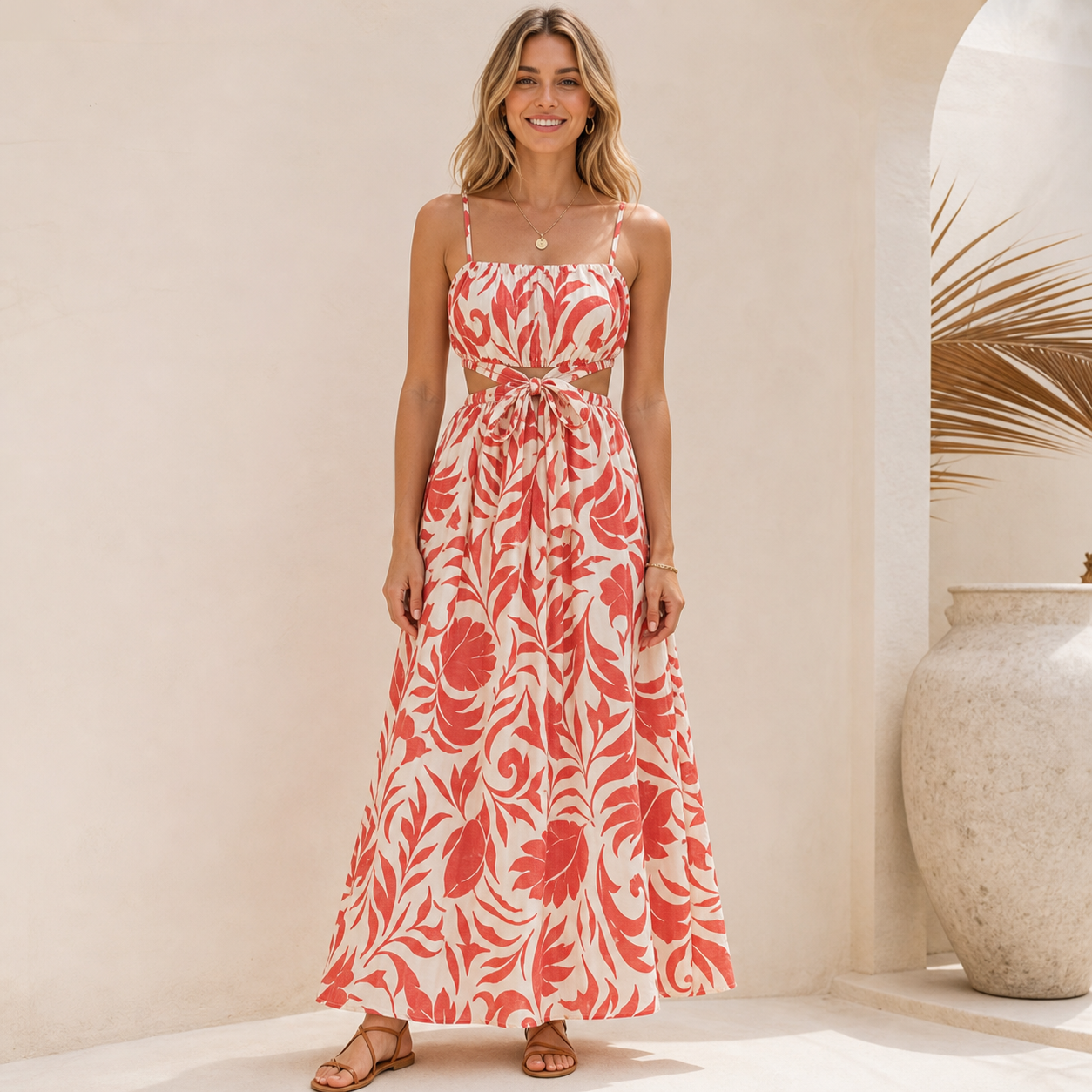 Red Coral Leaf women's tropical print cami maxi dress