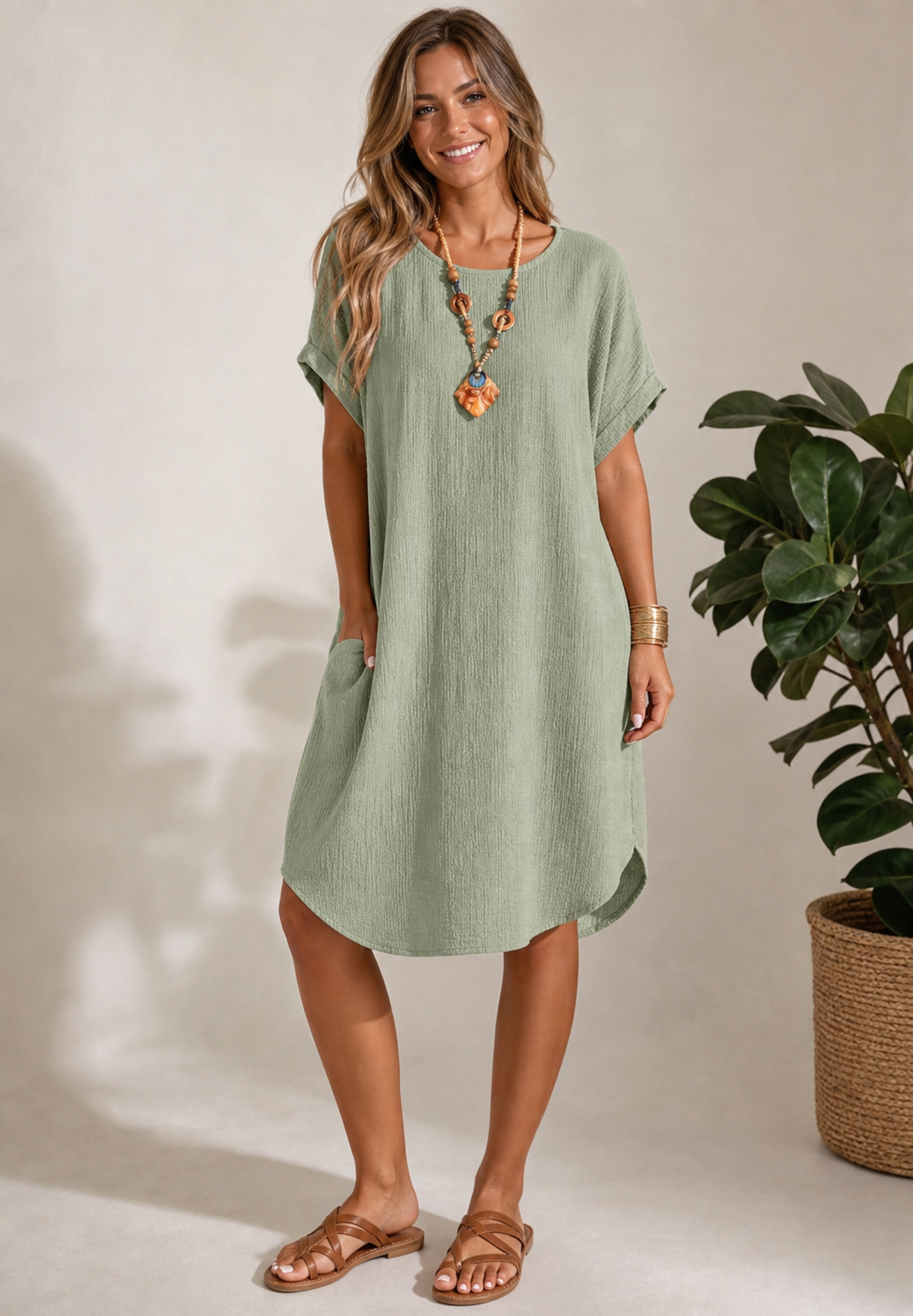 Sage women's loose cotton linen shift dress