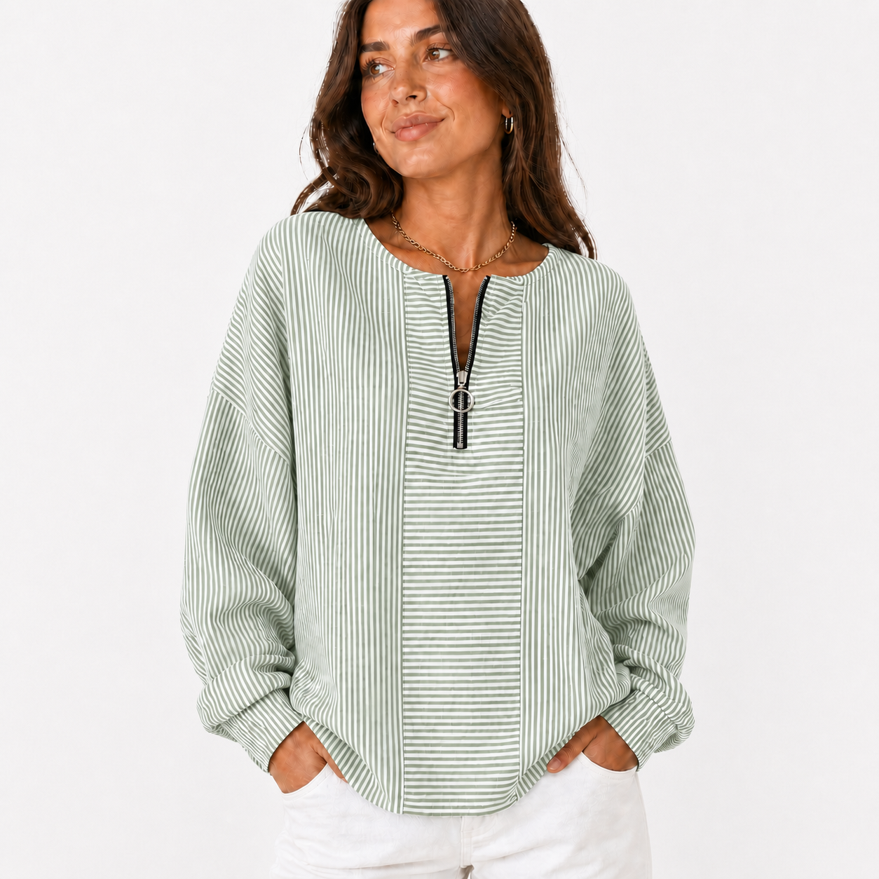 Sage Stripe women's striped zip-neck pullover