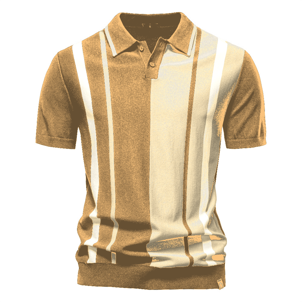 Tan Cream Men's Vertical Stripe Knit Polo Shirt