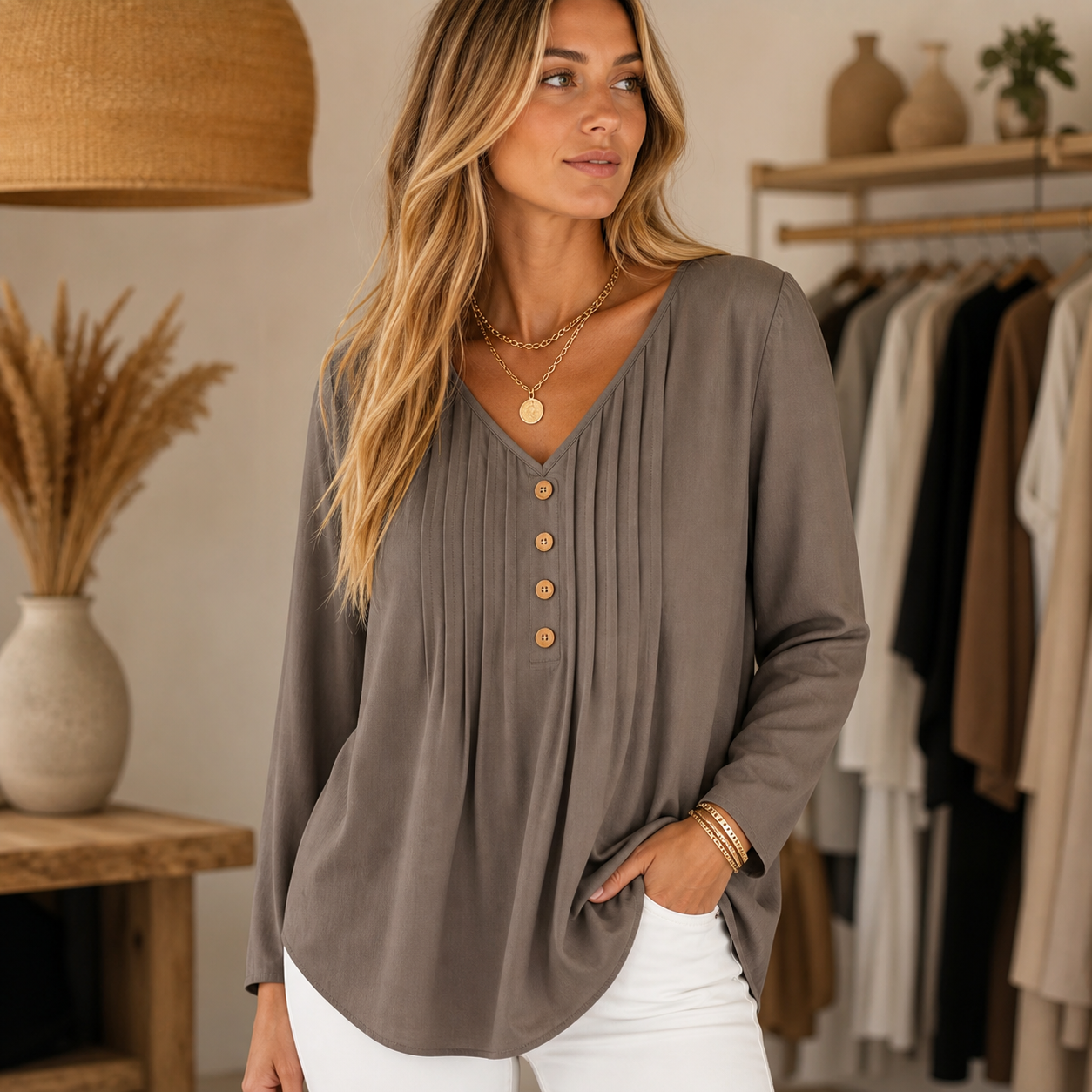 Taupe women's v-neck pleated button blouse