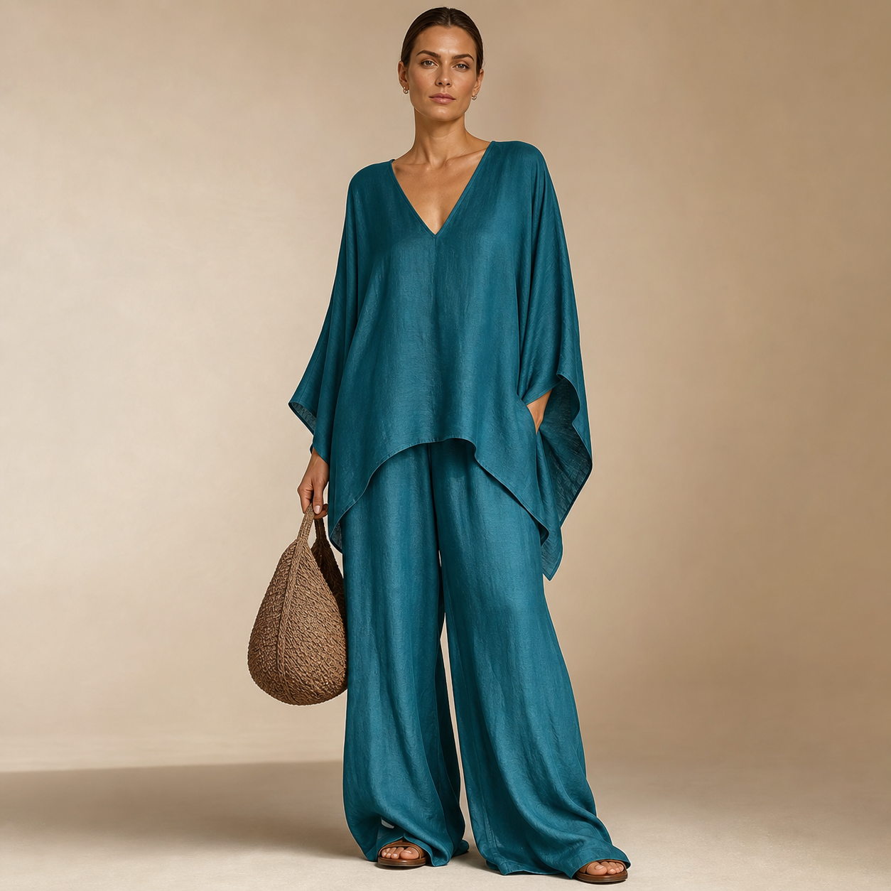 Teal women's loose V-neck two piece set