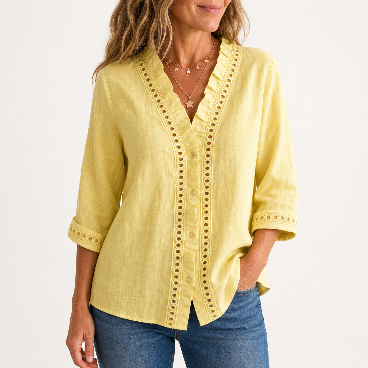 Yellow women's linen lace ruffle V-neck blouse