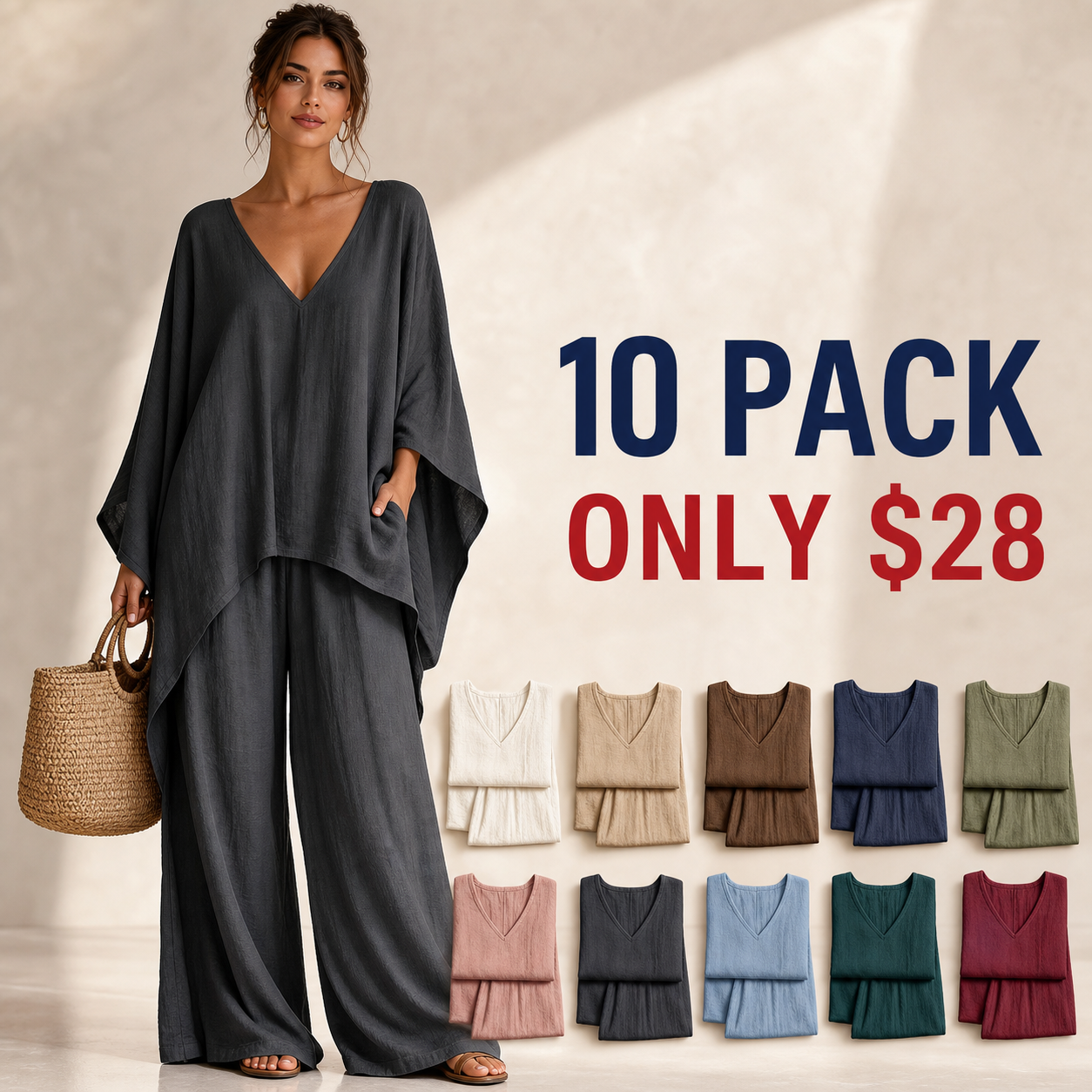 10 pack only 28 dollars women's loose V-neck two piece set