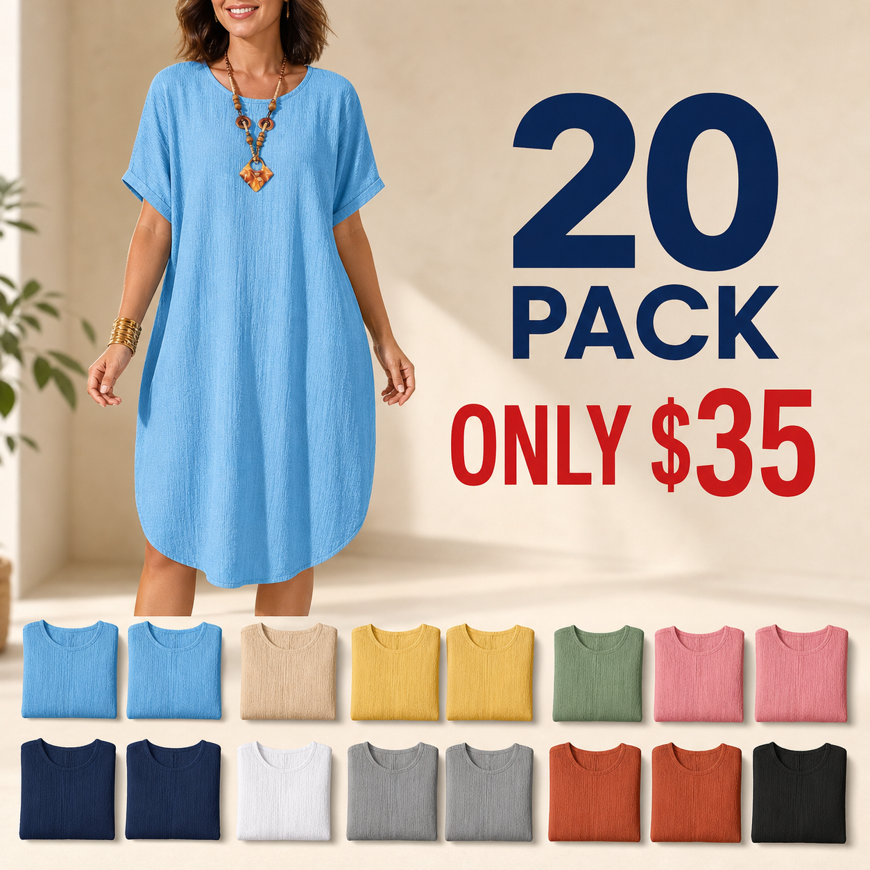 20 pack only 35 dollars women's loose cotton linen shift dress