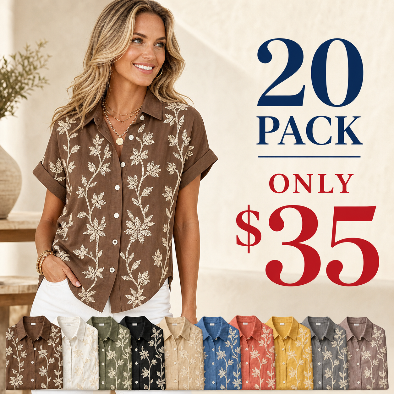20 pack only 35 dollars women's embroidered floral button shirt