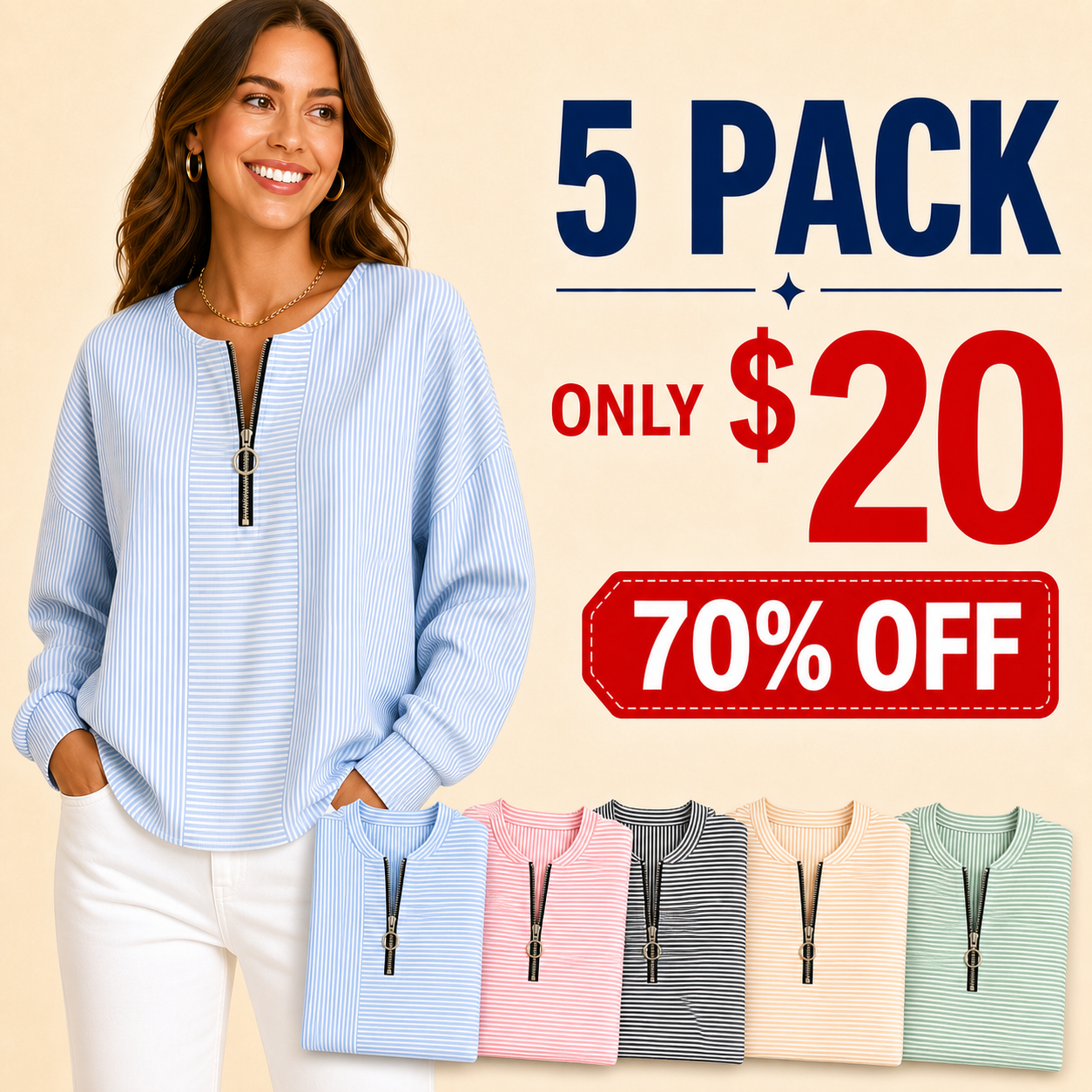 5 pack only 20 dollars women's striped zip-neck pullover