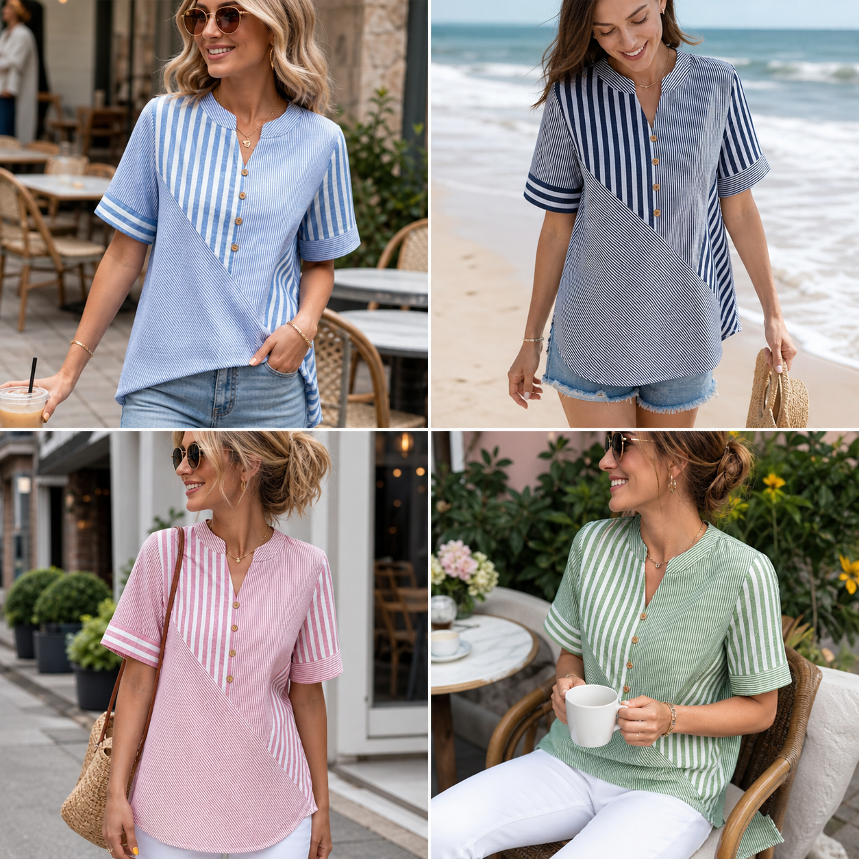 Customer review waterfall women's striped patchwork button blouse