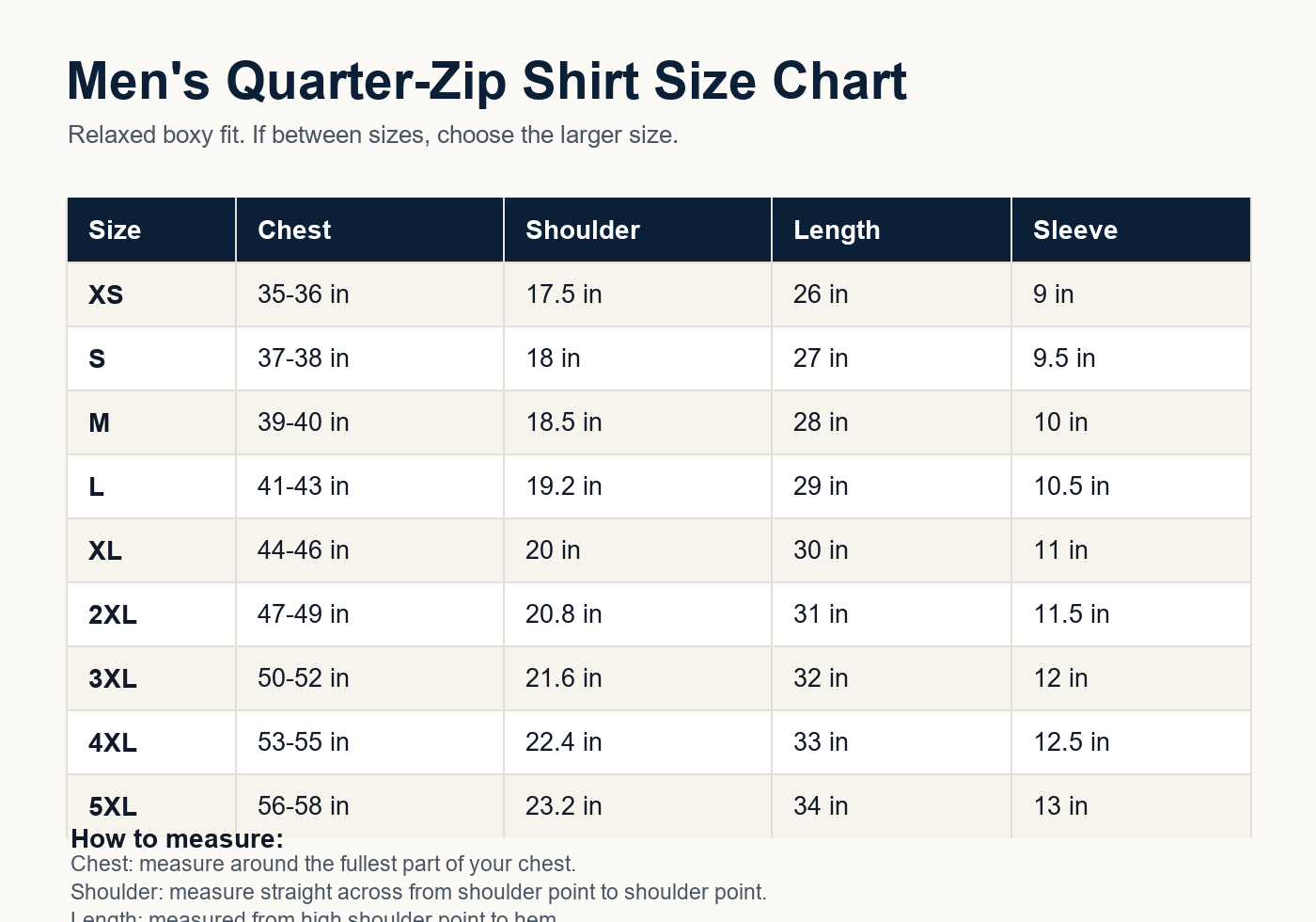 Men's striped quarter zip shirt size chart