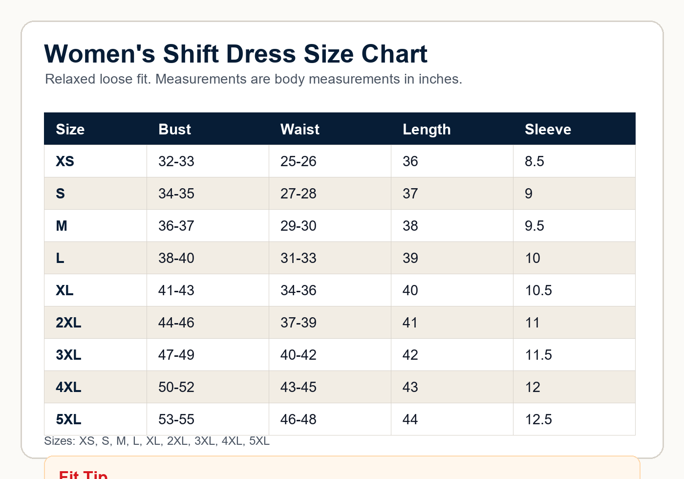 Women's loose cotton linen shift dress size chart