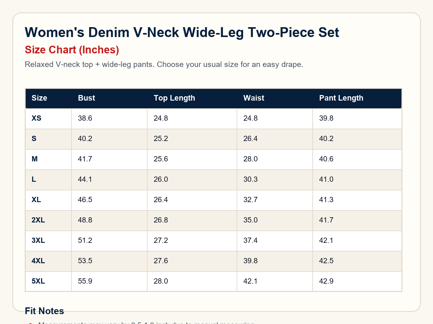 Women's denim V-neck wide-leg two-piece set size chart