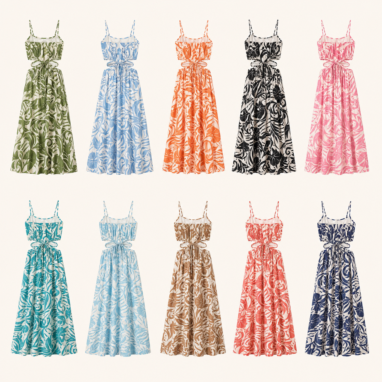 Ten color lineup women's tropical print cami maxi dress