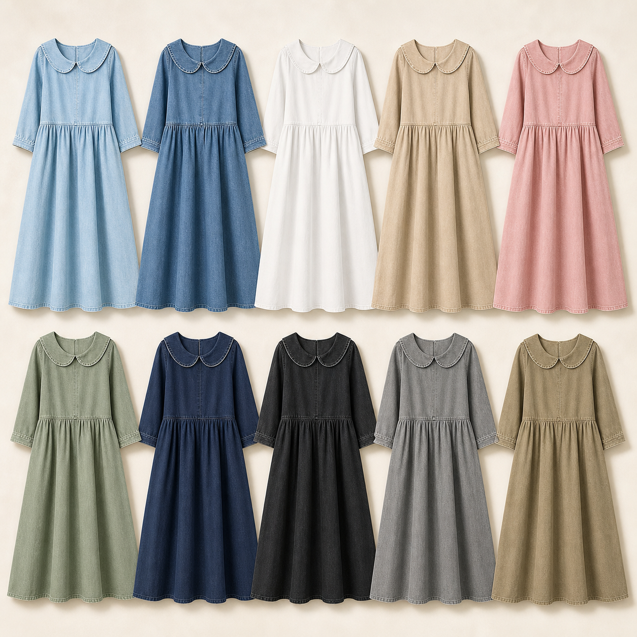 Ten color lineup women's Peter Pan collar denim maxi dress