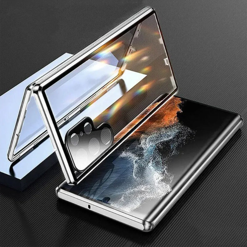 Double Sided Tempered Glass Metal Magnetic Case with Bottom Lock Catch for Samsung