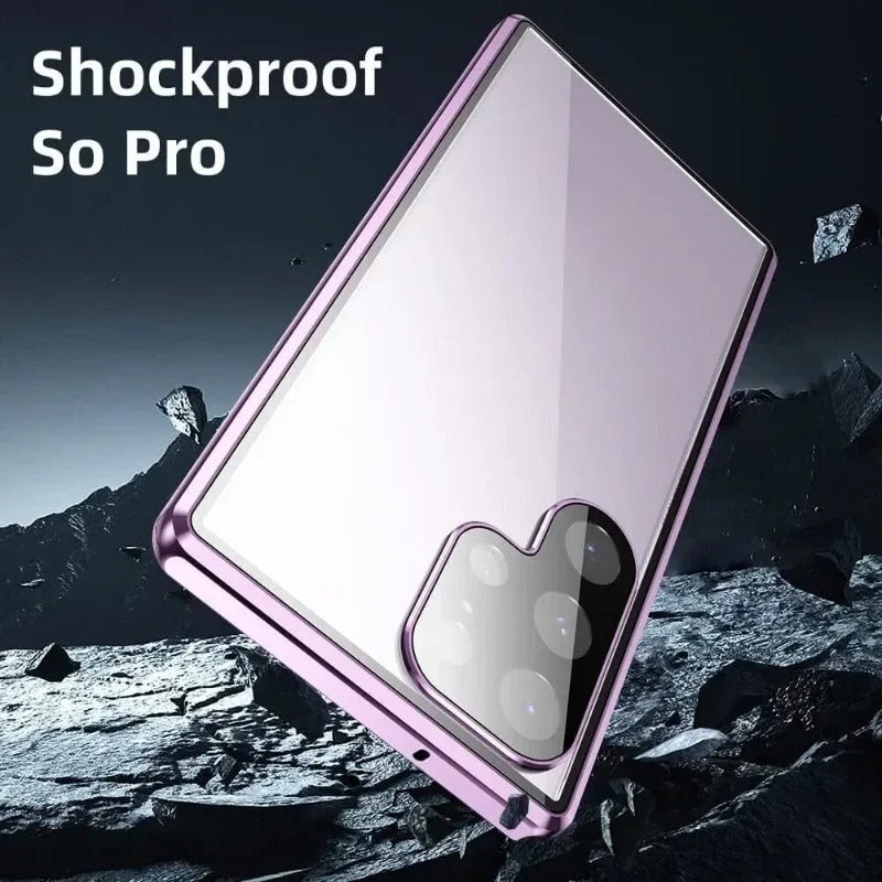 Double Sided Tempered Glass Metal Magnetic Case with Bottom Lock Catch for Samsung