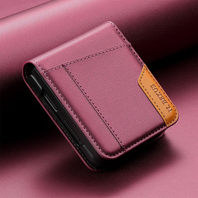 Color‑Block Splicing Leather Flip Wallet Case for Samsung Z Flip