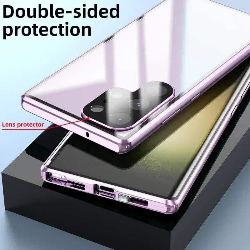 Double Sided Tempered Glass Metal Magnetic Case with Bottom Lock Catch for Samsung