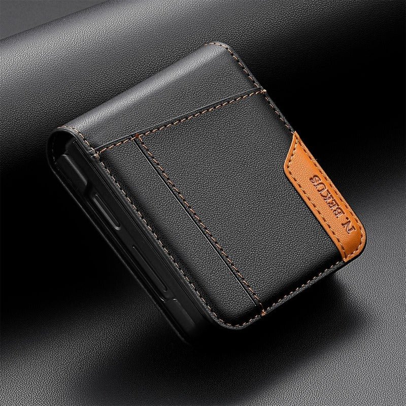 Color‑Block Splicing Leather Flip Wallet Case for Samsung Z Flip