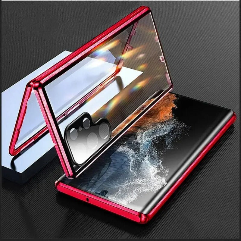 Double Sided Tempered Glass Metal Magnetic Case with Bottom Lock Catch for Samsung