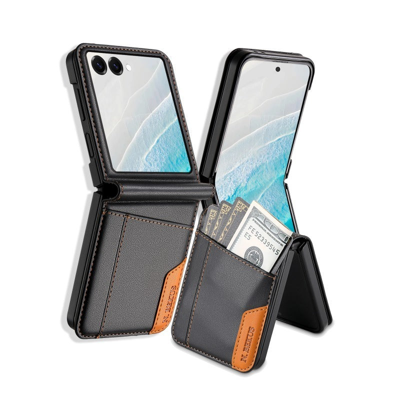 Color‑Block Splicing Leather Flip Wallet Case for Samsung Z Flip