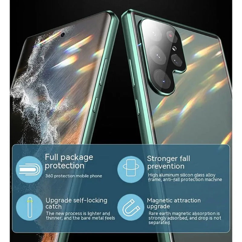 Double Sided Tempered Glass Metal Magnetic Case with Bottom Lock Catch for Samsung