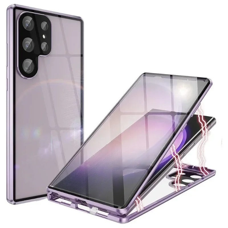 Double Sided Tempered Glass Metal Magnetic Case with Bottom Lock Catch for Samsung