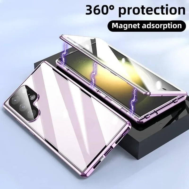 Double Sided Tempered Glass Metal Magnetic Case with Bottom Lock Catch for Samsung