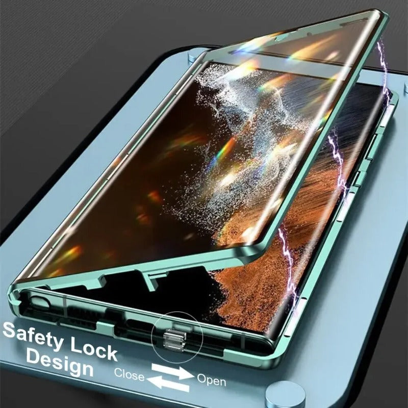 Double Sided Tempered Glass Metal Magnetic Case with Bottom Lock Catch for Samsung