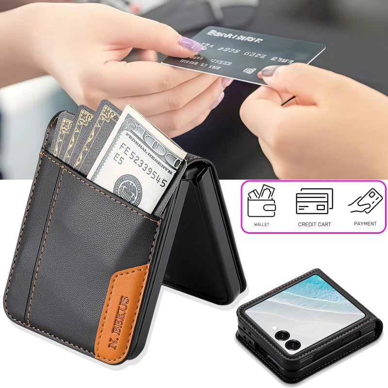 Color‑Block Splicing Leather Flip Wallet Case for Samsung Z Flip