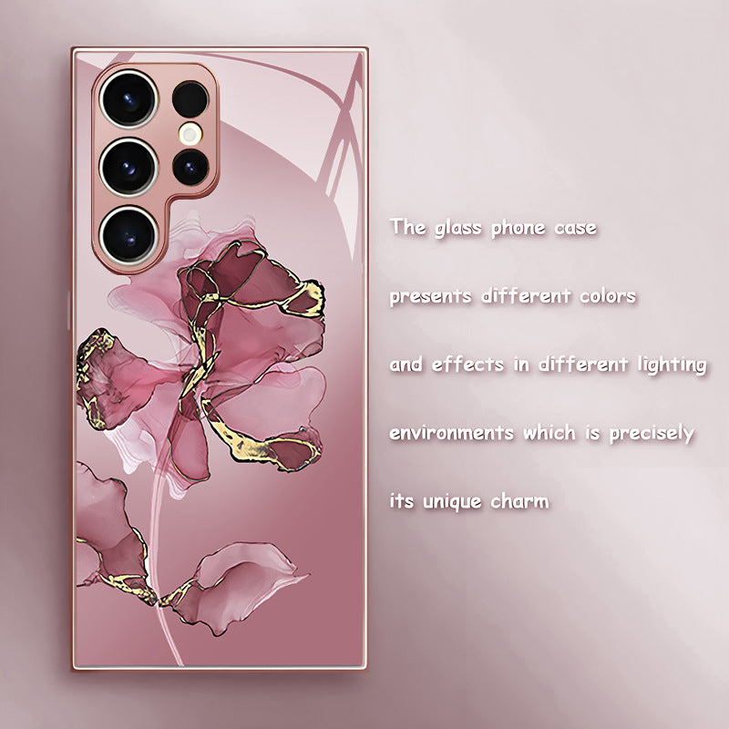 Marble Floral Pattern Glass Case for Samsung