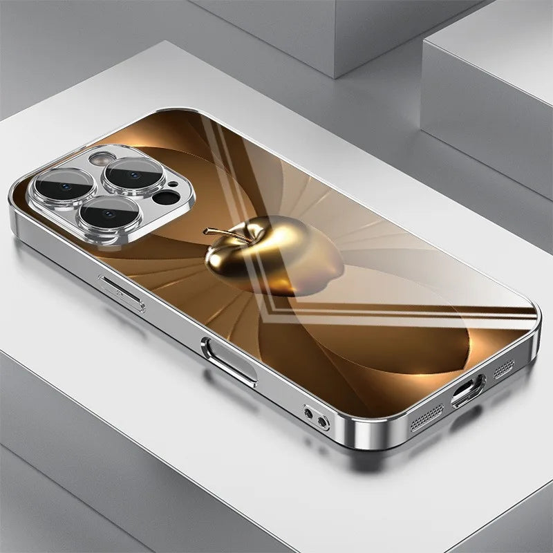 Apple Pattern Tempered Glass Electroplated Metal Case for iphone