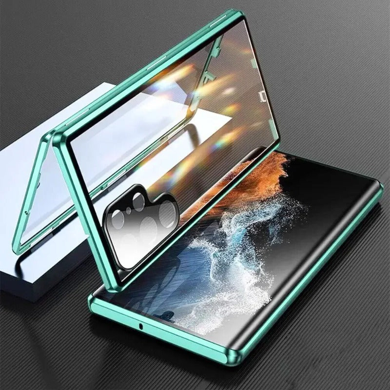 Double Sided Tempered Glass Metal Magnetic Case with Bottom Lock Catch for Samsung