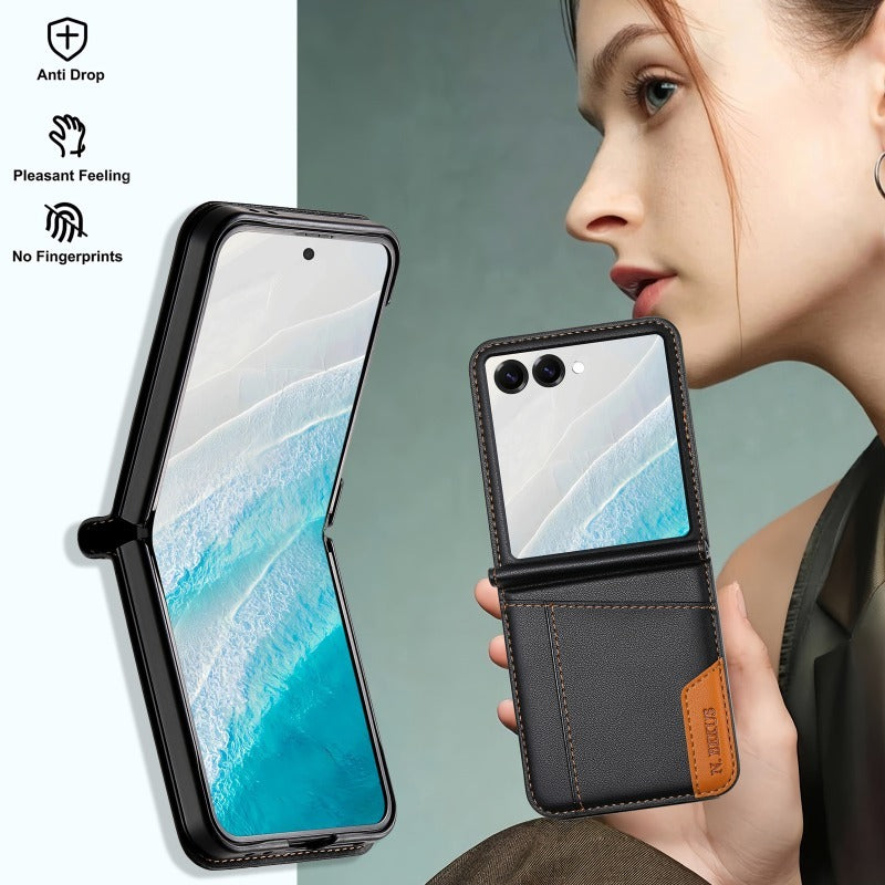 Color‑Block Splicing Leather Flip Wallet Case for Samsung Z Flip