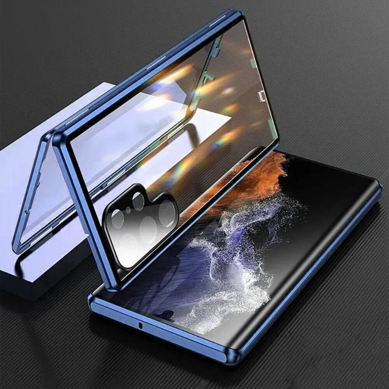 Double Sided Tempered Glass Metal Magnetic Case with Bottom Lock Catch for Samsung