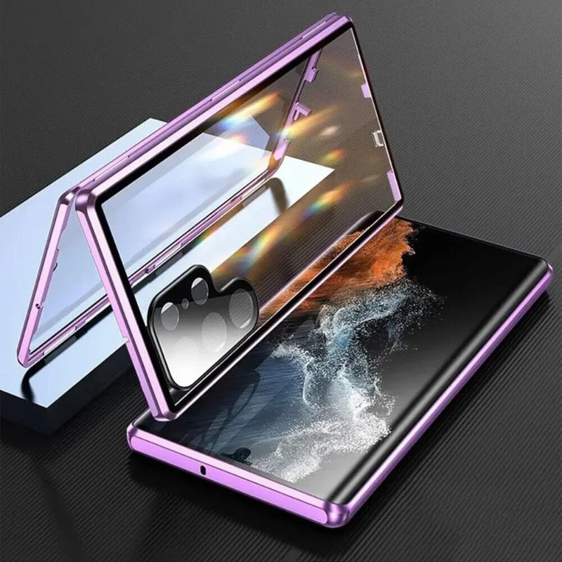 Double Sided Tempered Glass Metal Magnetic Case with Bottom Lock Catch for Samsung