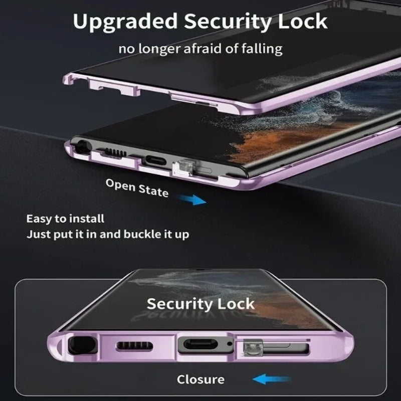 Double Sided Tempered Glass Metal Magnetic Case with Bottom Lock Catch for Samsung