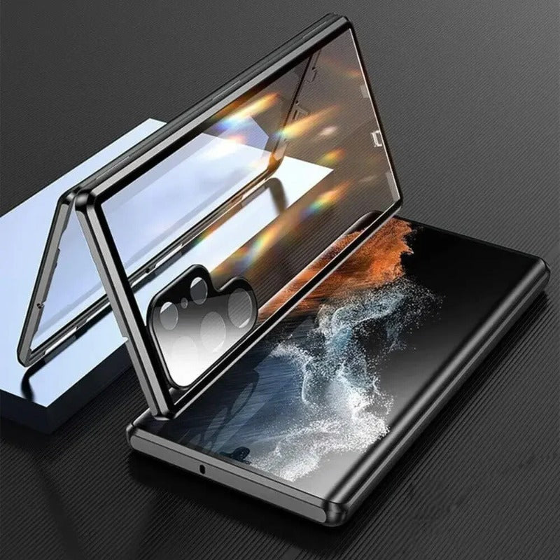 Double Sided Tempered Glass Metal Magnetic Case with Bottom Lock Catch for Samsung