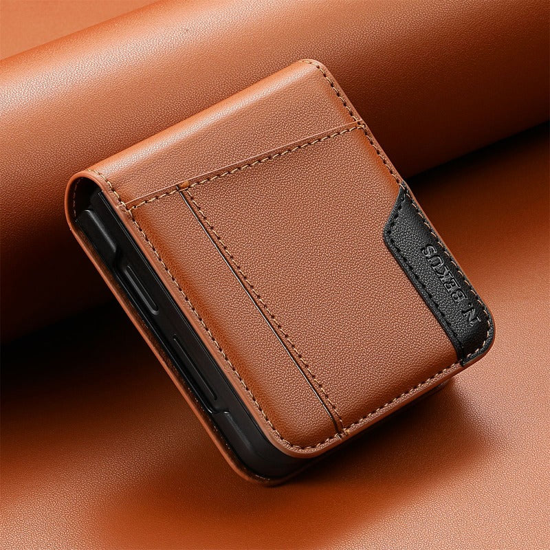 Color‑Block Splicing Leather Flip Wallet Case for Samsung Z Flip