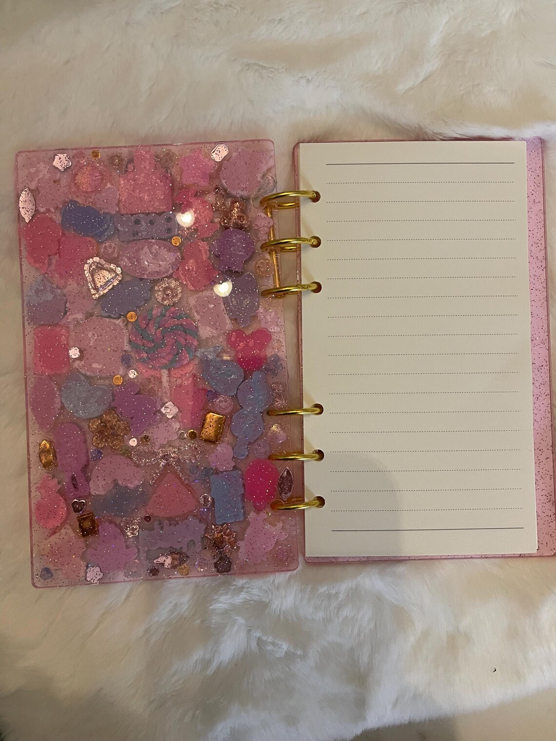 Kawaii Charmed & Jeweled Pink Gold Spiral Acrylic Notebook