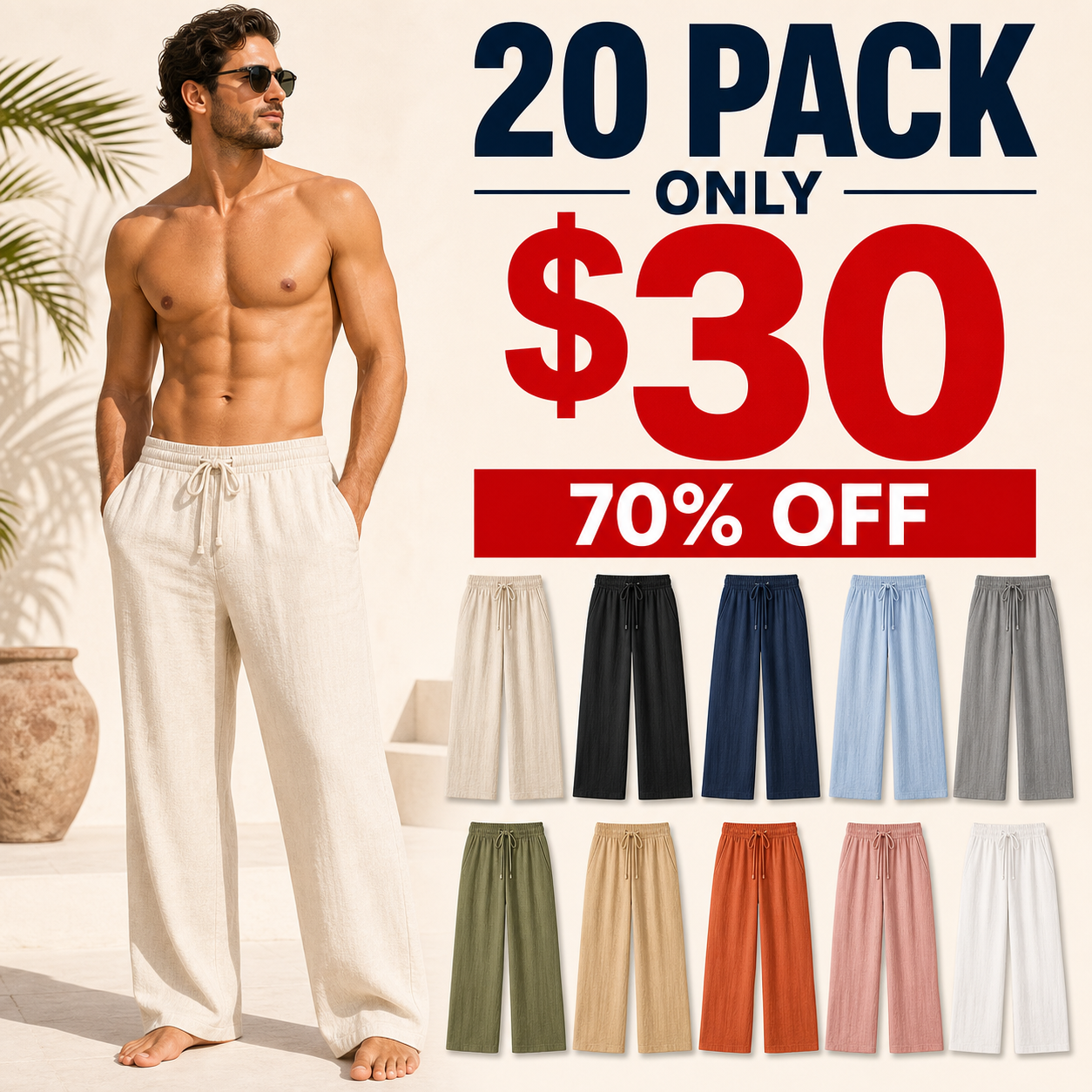 20 Pack for $30 Men's Linen Beach Pants Value Packs