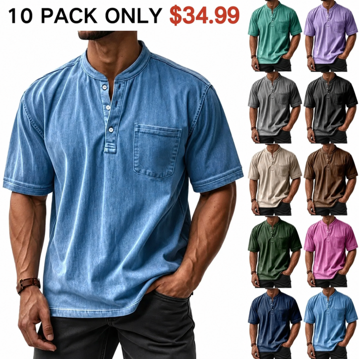 Men's Casual Solid Color Vintage Loose Pocket Short Sleeve Button-down Henley Shirt